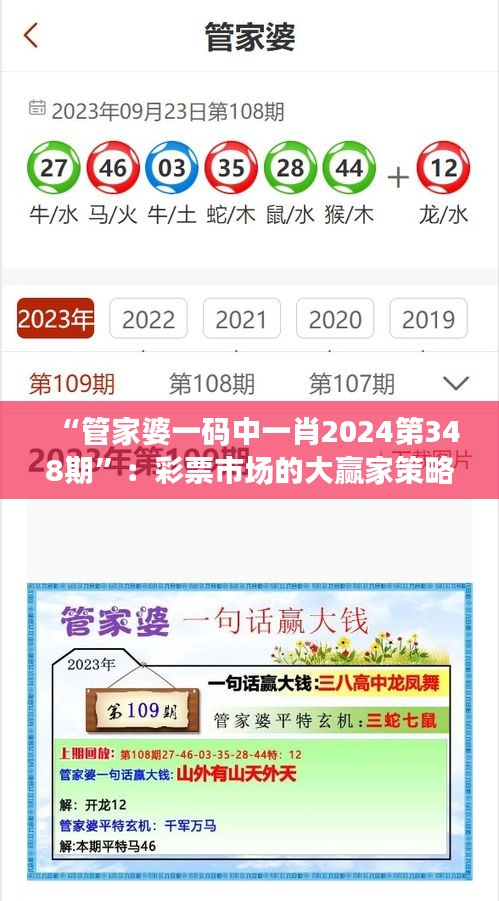 “管家婆一码中一肖2024第348期”：彩票市场的大赢家策略